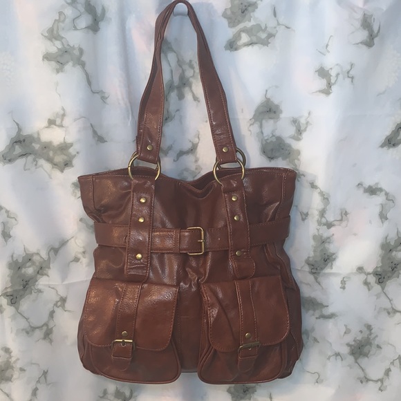 🎒 Brown Leather Like Shoulder Bag with Pockets and Buckles - Picture 1 of 11